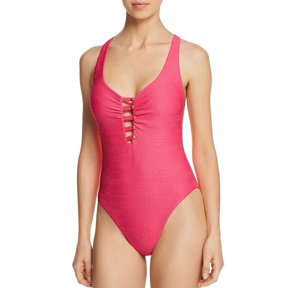NANETTE LEPORE Raffia Mermaid One Piece Swimsuit Bright Pink Cut Out Size 10 NEW - Picture 1 of 4